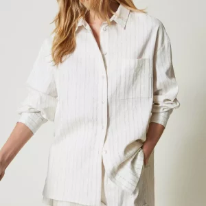 Woven Shirt with Lurex Striped cream/silver