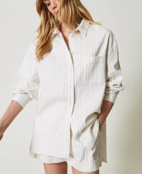 Woven Shirt with Lurex Striped cream/silver
