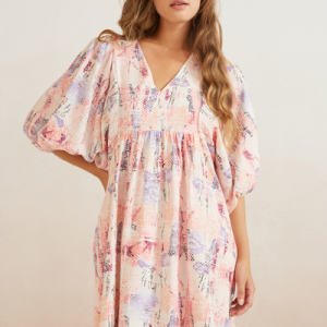 Printed Dress with Balloon Sleeves pink